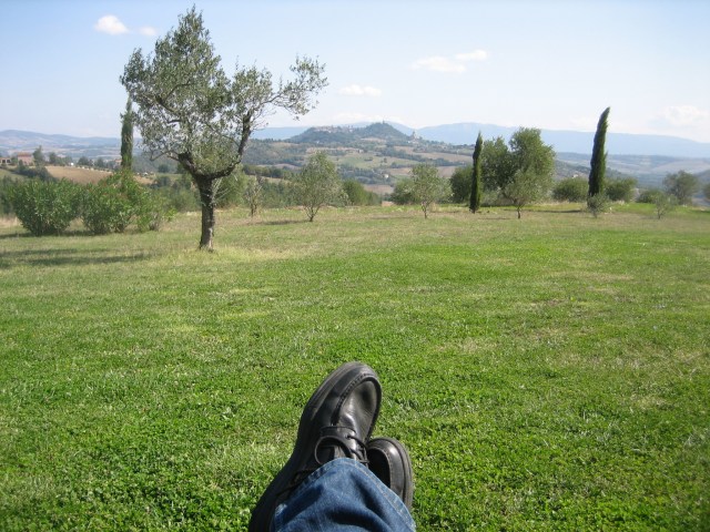 View of feet and Todi in distance from Tenuta di Canonica